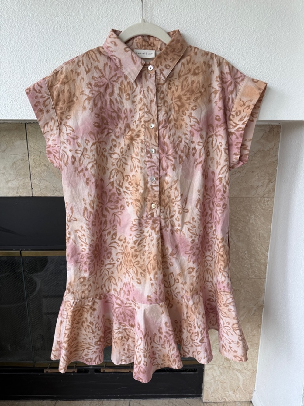 Pink and Tan Floral Button Front Ruffle Hem Dress